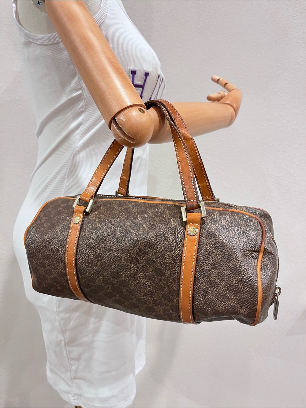 CELINE BROWN MACADAM COATED CANVAS BOSTON BAG